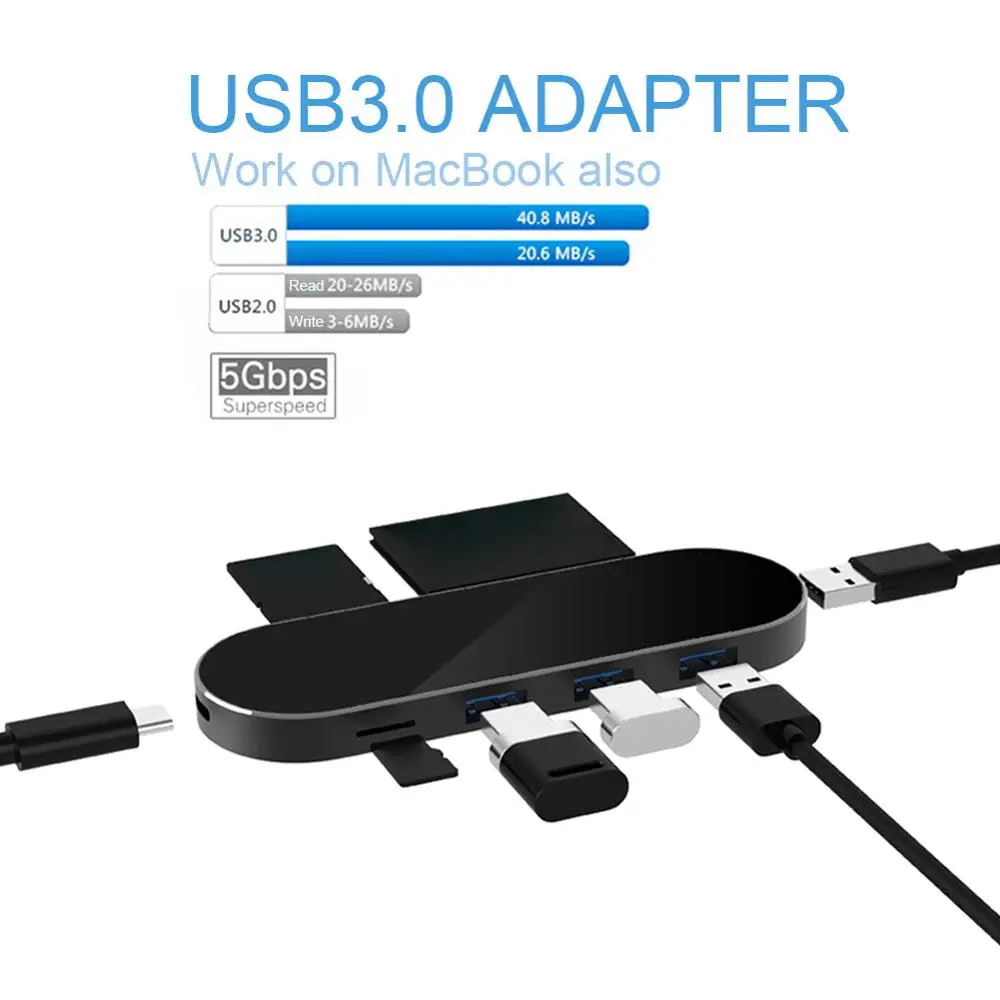 

Powerful 7-in-1 Type-C Hub USB3.0 Adapter with 3 USB 3.0 High-speed Transmission, SD/TF/CF Card Reader, For MacBook and More