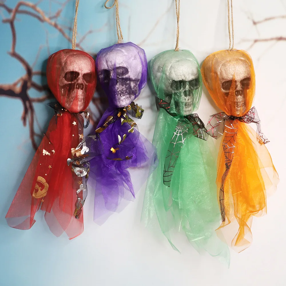 

Halloween Pearl Yarn Skull Ornament Ghost Skull Party Pendant Mesh Hanging Colorful Home Bedroom Door Kids Gift Ornament