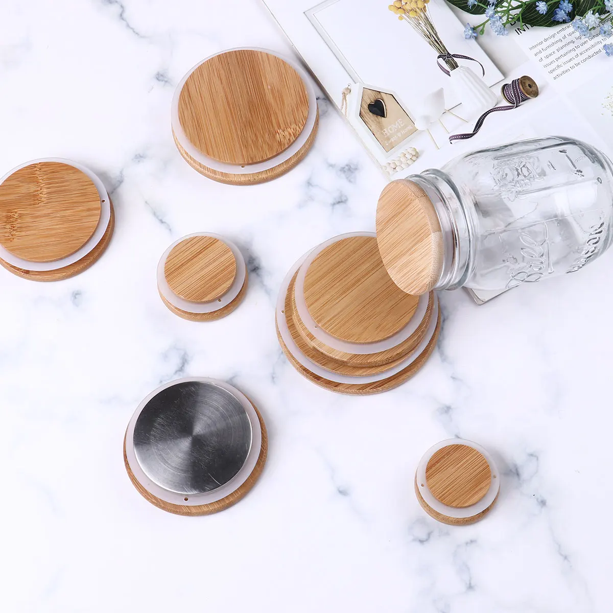 

Reusable Wooden Cup Lid Eco-Friendly Drinking Cap Bamboo Leak Proof Silicone Sealing Storage Cover Durable Mason Canning Jar Lid