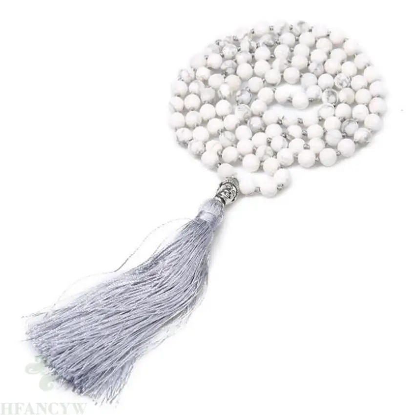 

6mm Howlite Gemstone knot Tassel 108 Bead Mala Necklace Fancy Healing Monk Buddhism Tassel Wrist Spirituality Cuff Veins