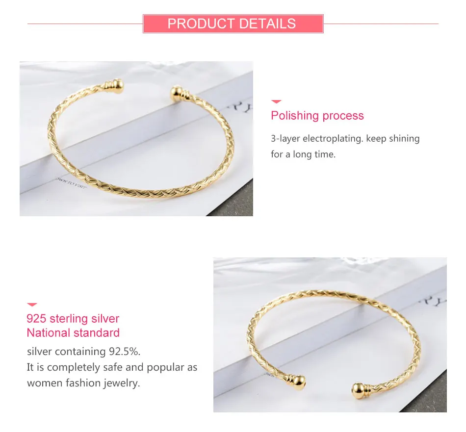 ZDADAN 925 Sterling Silver 18K Gold Open Cuff Bracelet&Bangle For Women Fashion Wedding Jewelry Gift