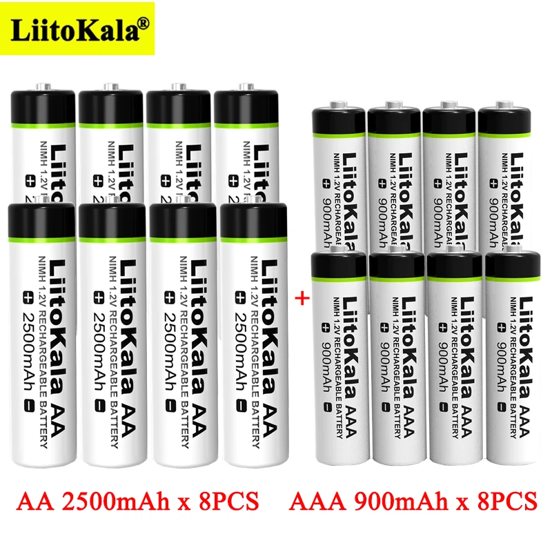 

Аккумуляторы Liitokala, 1,2 в, AA, 2500 мА · ч, 8 шт., никель-металлогидридные + 8 шт., AAA, 900 мА · ч, для температурного пистолета, пульта дистанционного управления, для мыши