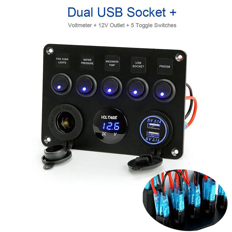 8/5 банда ВКЛ-ВЫКЛ тумблер панель 12V~ 24V+ двойной USB разъем зарядное устройство светодиодный вольтметр+ розетка для лодки морской RV грузовик автомобиль