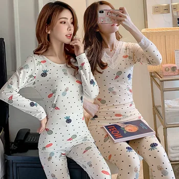 

2020 Autumn Sexy Lingerie Thermal Underwear Sets for Women Long Sleeve Print Warm Sleepwear Suit Body Shaper Long Johns Bodysuit