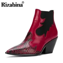 RIZABINA/женские ботильоны из натуральной кожи обувь с острым носком на жестком каблуке змеиная кожа смешанного цвета женская обувь с узором