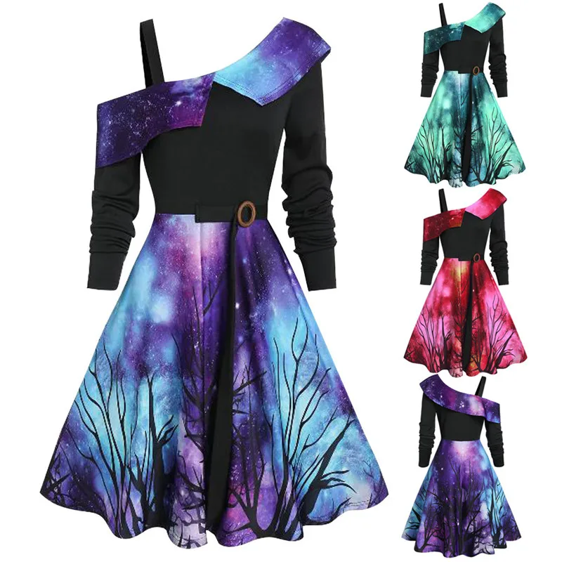 Women Christmas Dress Vintage Starry Sky Print Skew Neck Asymmetrical Swing Evening Party Robe Plus Size 4XL Vestidos #40O | Женская
