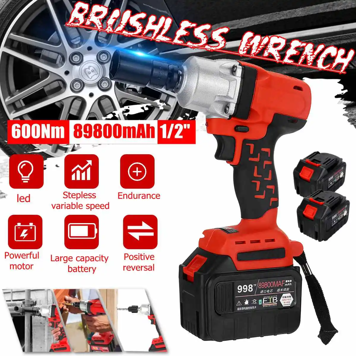 

Rechargeable Cordless Impact Electric Wrench 600Nm 89800mAh Torque Household Car/SUV Wheel 1/2" Socket Wrench Power Tool