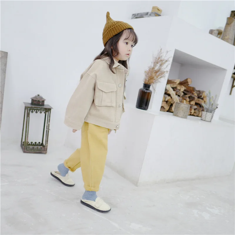 Пальто для девочек Детская осенняя одежда Новинка года, осенняя куртка для девочек Детская куртка в Корейском стиле с большим карманом хлопковое Детское пальто