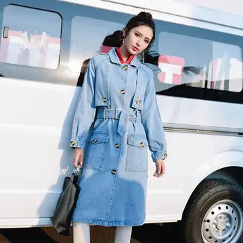 

Elegant Denim Trecch Coat Female Single Breasted Lace Up Pockets Fashion Autumn Long Coat 2019 Plus Size Jeans Overcoat