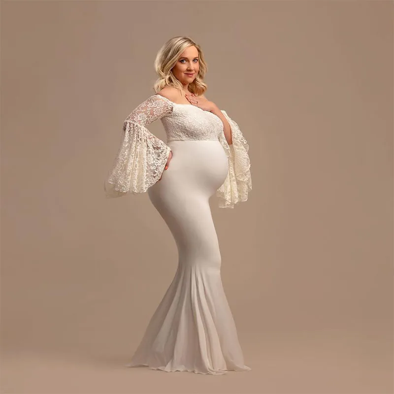 Кружевное платье для беременных с рюшами и длинными рукавами для беременных; платье макси для беременных; фотосессия для беременных женщин