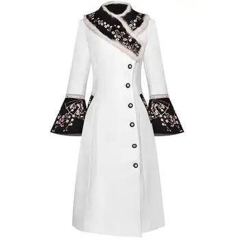 

Red RoosaRosee Runway Women Autumn Rabbit Hair Collar Flower Embroidery Long Sleeve Single Breasted Woolen Overcoat Outwear New