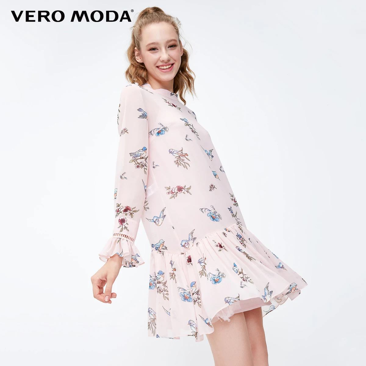 Vero Moda Новое поступление платье женское винтажное шифоновое платье трапециевидной формы со шнуровкой и принтом | 31837D522 - Цвет: Lt. pale ling flower