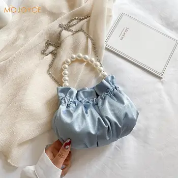 

Portable Pleated Shoulder Handbags Women Classic Texture Creative Design Chic Satin Crossbody Bag Elegant Pearl Handle Totes