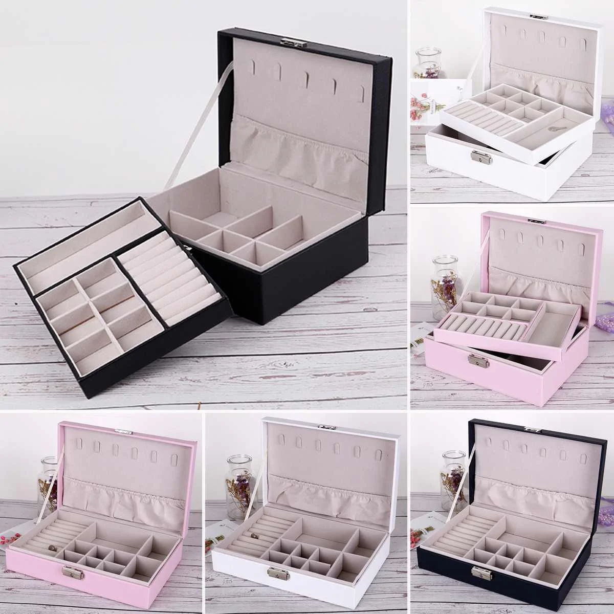 

Fashion Wooden PU Jewelry Box Simple layout 2 Layers Makeup Organizer choker Ring necklace Storage Box white pink black