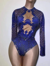 

Sexy Blue Print Rhinestone Dancer Bodysuit Women Long Sleeve Elastic Crystal Jumpsuit Female Club Showgirl Stage Leotard Costume