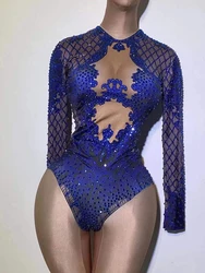 Sexy Blue Print Rhinestone Dancer Bodysuit Women Long Sleeve Elastic Crystal Jumpsuit Female Club Showgirl Stage Leotard Costume