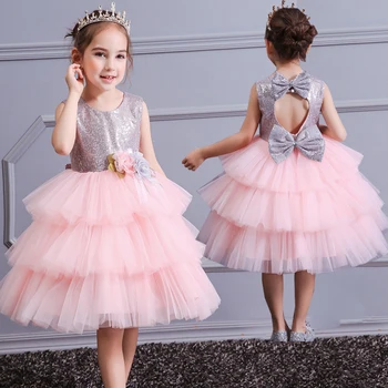 

Summer Multi-Layer Mesh Bow Sequins Princess Dress for Girls Open Back Elegant Flower Kids Dress for Girls Party Wedding Clothes