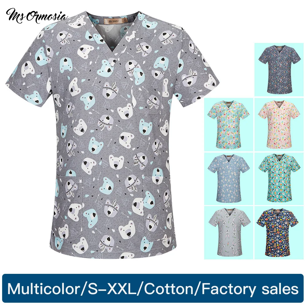 

new Breathable multicolored cotton cartoon printing uniform beauty salon unisex uniform pet shop scrubs uniform tops wholesale