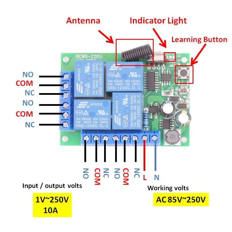 AC 85V~ 220V 10 ампер 2200W 4CH 433MHz rf пульт дистанционного управления, беспроводной релейный приемник, контроллер для гаража \ двери \ светодиодный \ лампочка