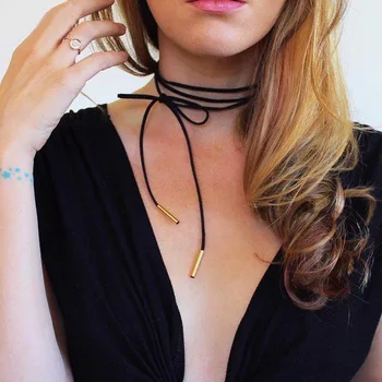 

Fashion Necklace Simple Personalized Wild Lace Bow Metal Strip Pendant Long Necklace Leather Necklace