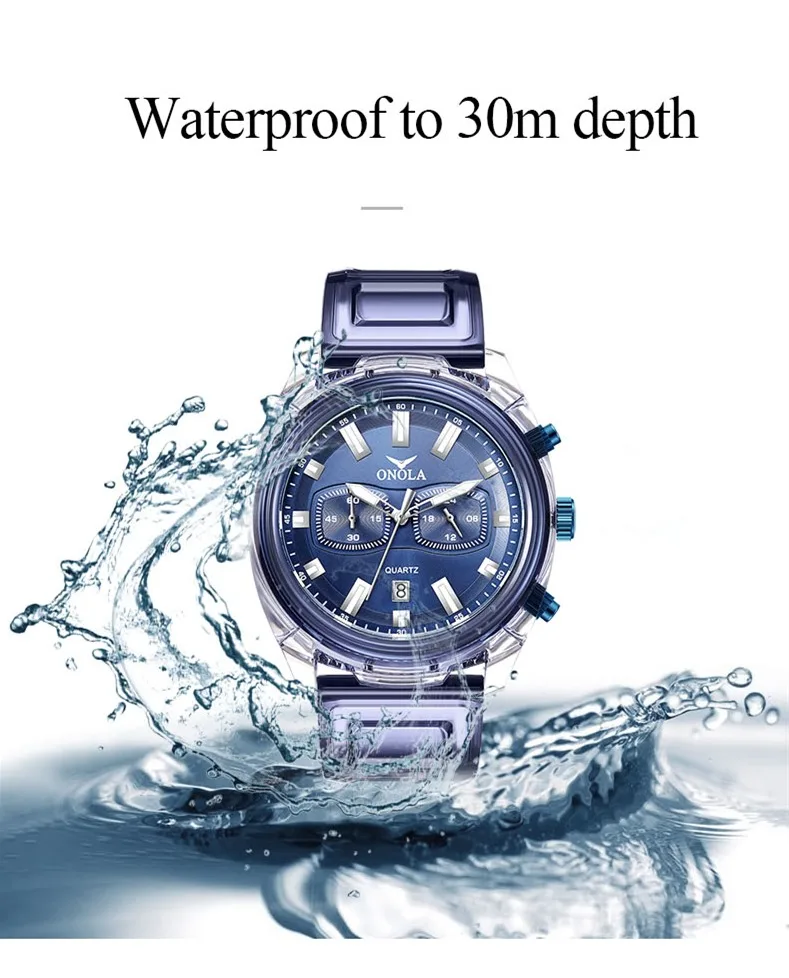 waterproof Transparent Plastic Men's watches ONOLA NEW Brand fashion dresse unique sport watch men women waterproof quartz mens watch