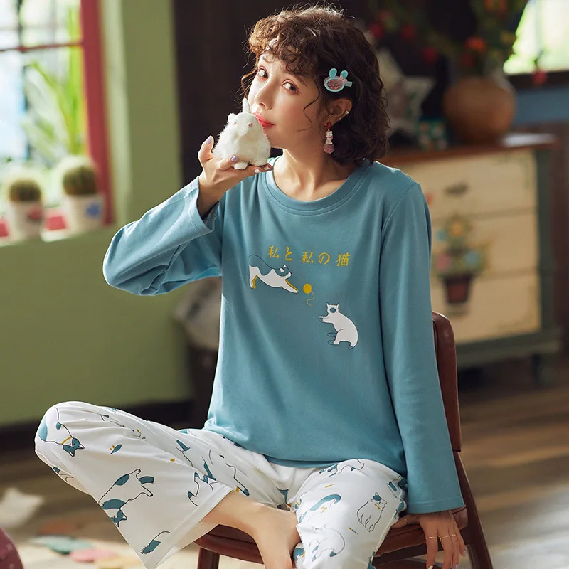 

Pajamas Women's Spring And Autumn 100% Pure Cotton Long Sleeve Trousers Crew Neck Women's Casual Nursing Home Wear Two-Piece Set
