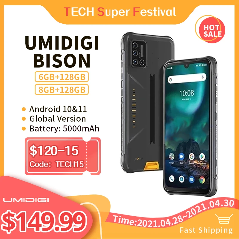 UMIDIGI-teléfono inteligente BISON, 6GB/8GB + 128GB, NFC, IP68/IP69K, resistente al agua, cámara cuádruple de 48MP, pantalla FHD de 6,3 pulgadas, Android 10