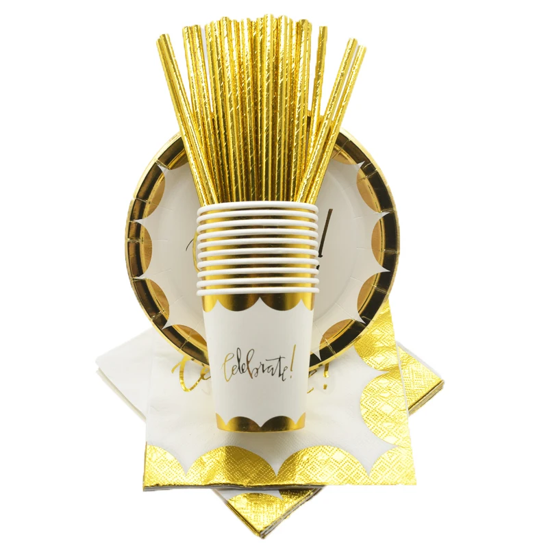 Праздничная тема фольга Золотое кружево Свадебные украшения одноразовая посуда бумажные тарелки соломинки с днем рождения вечерние принадлежности