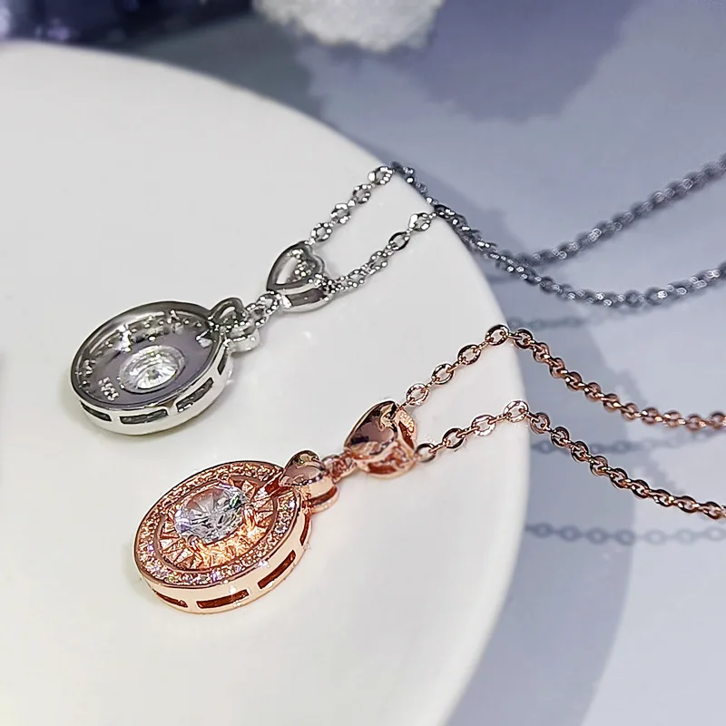 NEW Female Luxury Crystal Round Necklace For Women S925 Silver Fashion Love Heart Wedding Dainty Rose Gold Color Chain Jewelry