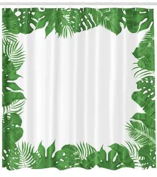 

Banana Palm Fabric Bathroom Shower Curtains, Drawn Tropical Leaves Frame Monstera Banana Coconut Palm Leafwith Bath Curtain