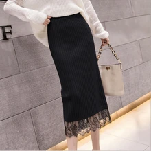Осень зима модные сексуальные кружевные женские вязаные юбки средней длины с высокой талией эластичные юбки