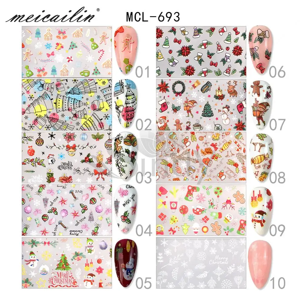 

10pcs Mixed Christmas Design DIY Nail Foils Transfer Sticker Holographic Paper Set 3D Adhesive Decals Nail Art Decoration Wraps