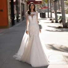 Deep V Neck Mermaid Wedding Dresses Full Sleeve with White Tulle Bridal Gowns 2022 Applique Dress Floor-Length robe de mariée
