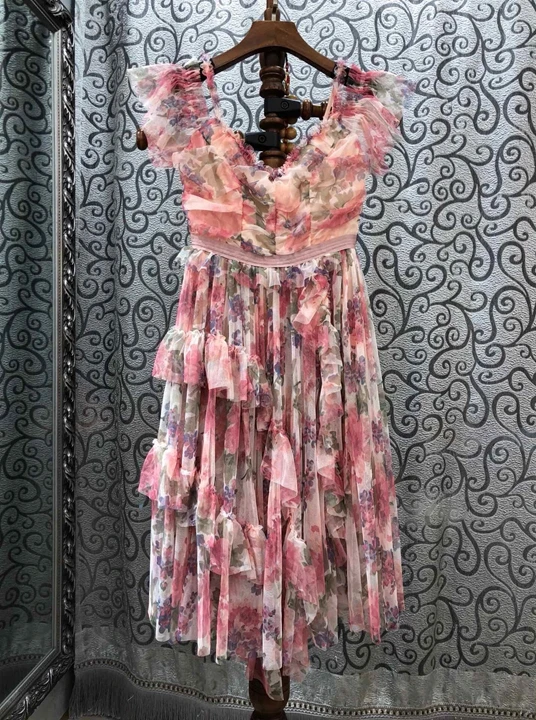

New Woman's Deep V-collar Printed Pattern Colourless Sleeveless Dress 814 in Early Autumn of 2019