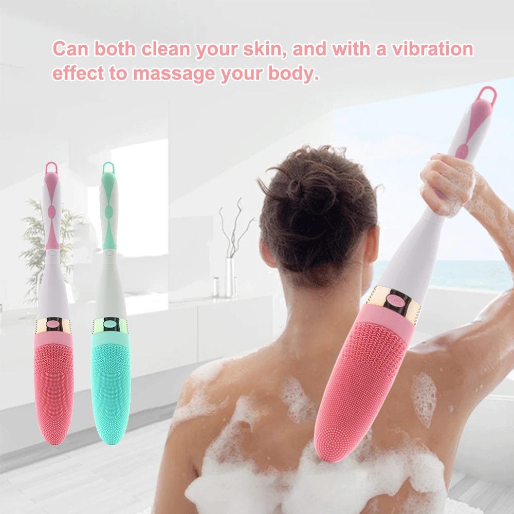 

Electric Silicone Bath Brush Shower Massage with 4 Vibration Levels Long Handle Body Cleansing Brush Bathing Spa Tools Shower