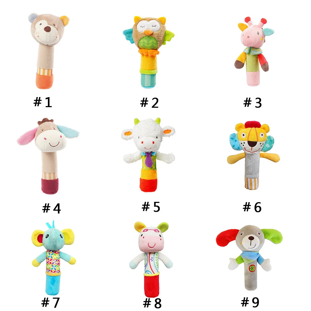 Short velvet development touch visual and tactile Baby Rattles cute cartoon animal BB device stick hand grab rattles plush toy