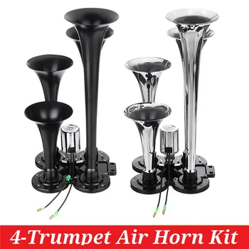 

4-trumpet air horn 12V/24V 150DB Silver Zinc Alloy Chrome Plated 4-Trumpet Train Car Air Horn Kit for Trucks Cars Automobiles