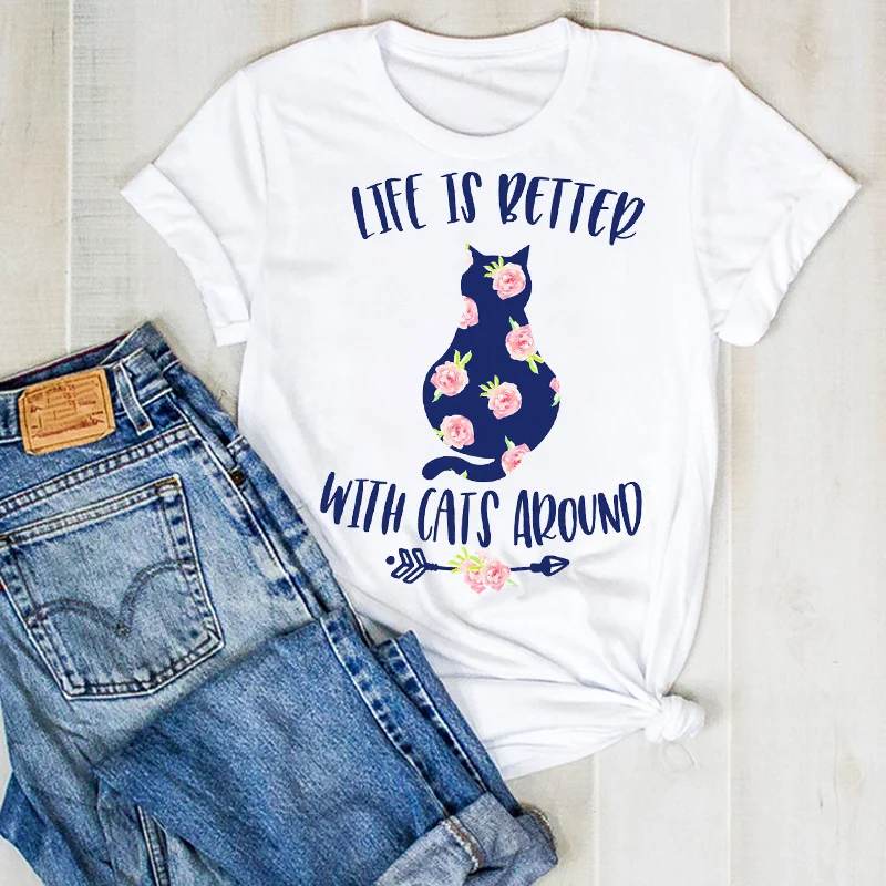 Женская летняя футболка с коротким рукавом рисунком кошек и лап|Футболки| |