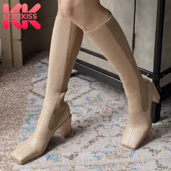 

KemeKiss Women High Heel Boots Stange Heel Real Leather Women Knee High Boots Fashion Winter Shoes Woman Footwear Size 33-40