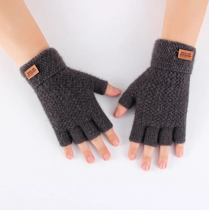 mens winter cycling gloves New Men's Winter Half-Finger Fingerless Clamshell Knitted Alpaca Warmth and Thick Fluffy Outdoor Riding Sports Driving Gloves mens leather gloves