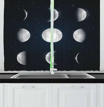 

Dark Blue Grey White Moon Phases Kitchen Curtains Astronomy Astrology Theme Universe Cosmos Movement Celestial Lunar