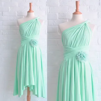 

Cheap Bridesmaid Dresses tea-length Chiffon One Shoulder Hand Made Flower 2015 vestido de festa de casamento pleat plus size