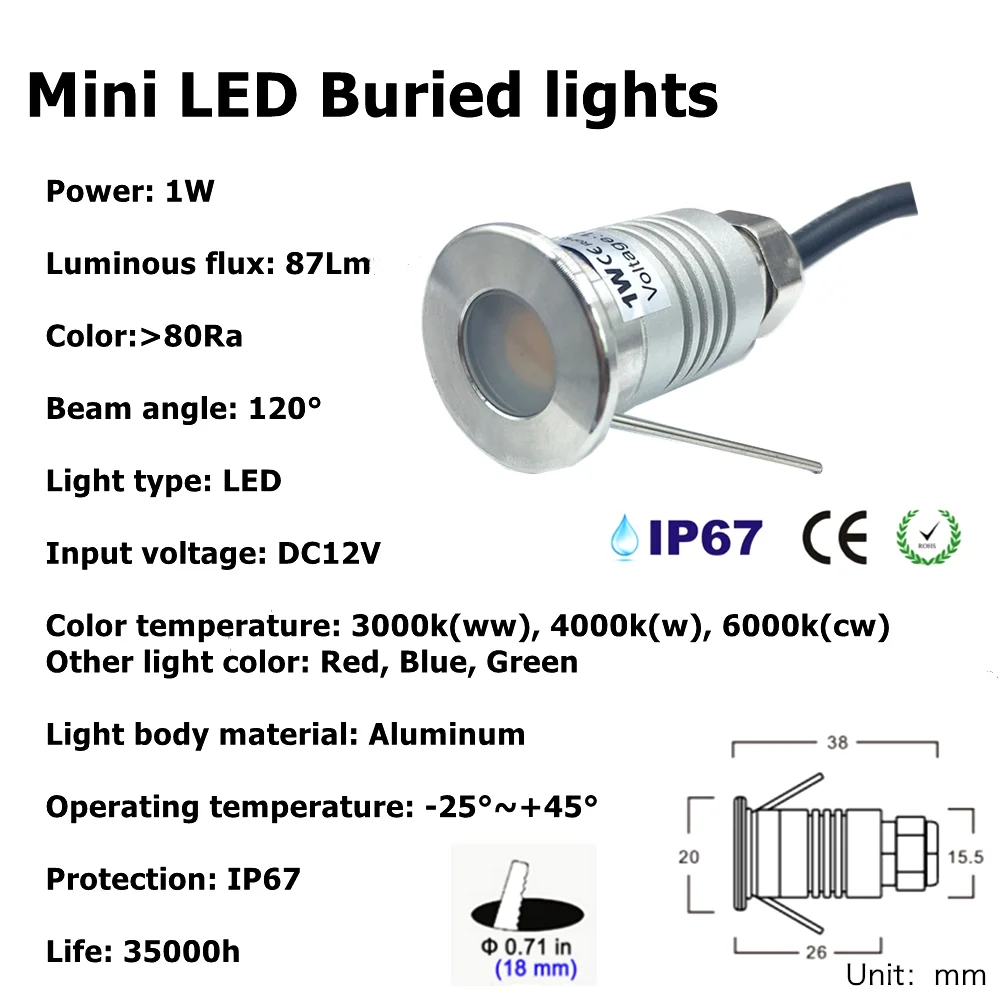 Description Picture 4 of item4Pcs LED Garden 12V Decking Light IP67 Underground Lamp Outdoor 1W Mini Spotlight Led Inground Recessed Light Staircase Lighting