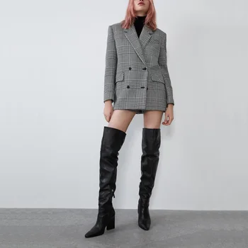 

Autumn and winter women's suit casual plaid double-breasted pocket decorative suit