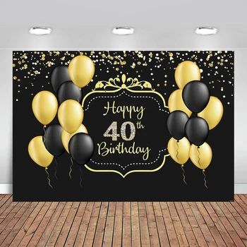 

Happy 30 40 50 60th Birthday Photography Backdrop Black Gold Birthday Photo Background Glitter Balloons Women Photo Props