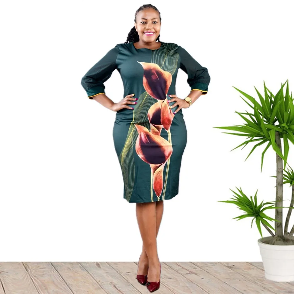 2XL-5XL 6XL African Plus Size Dress Women Clothing O Neck Three-quarter Sleeve Printed Ladies Work Wear Modest Dresses Vestidos