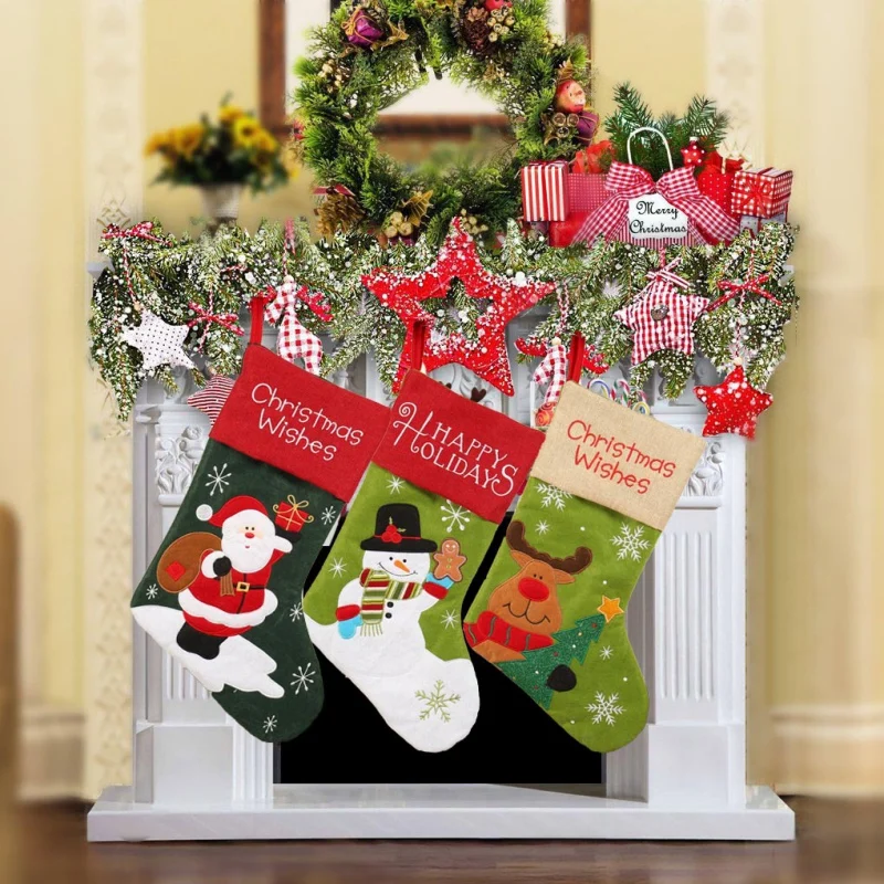 

Christmas Large Stockings Gifts Cloth Santa Elk Socks Xmas Lovely Gift Bag Fireplace Tree Christmas New Year Xmas Decoration