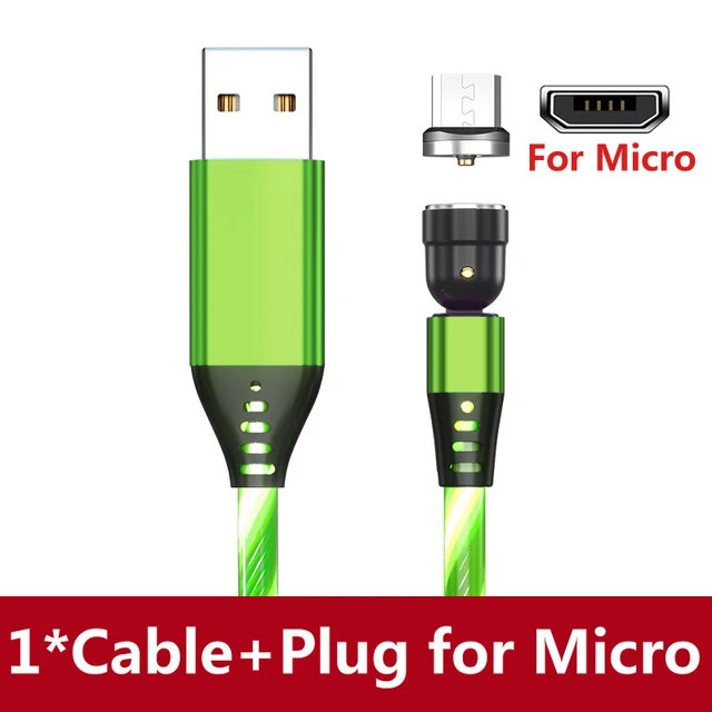 AUFU LED Flowing Light Charging Magnetic USB Cord Glow Type C Cable Magnetic Cable Micro Charger Cable for iPhone Huawei Samsung Green for Micro