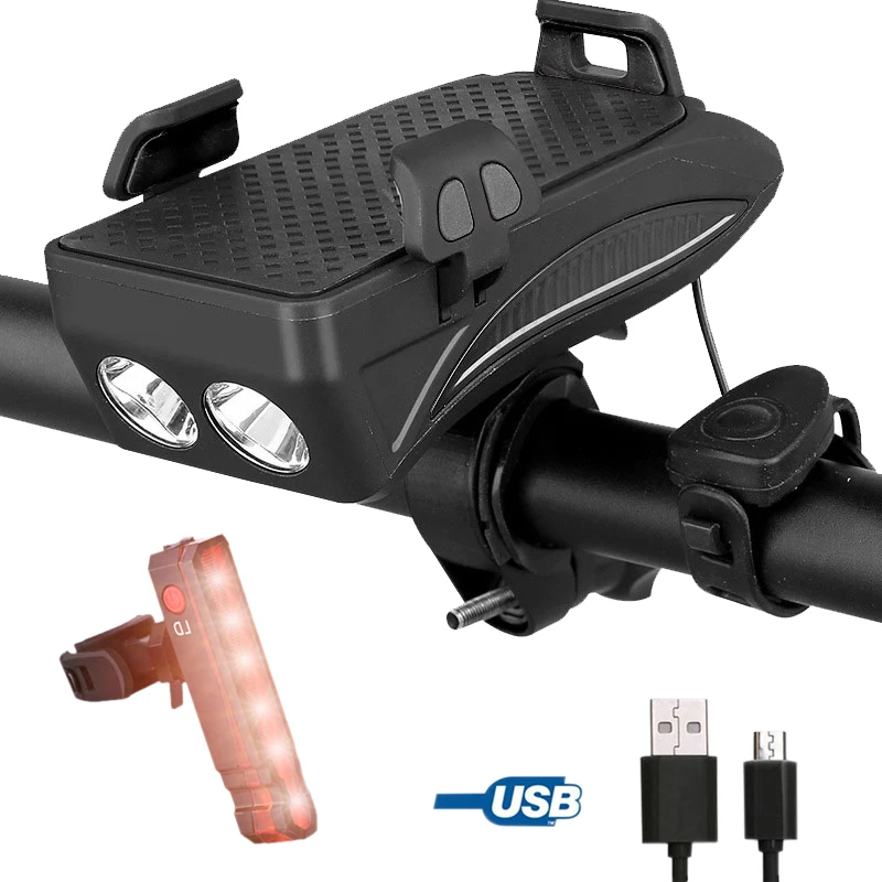 Black W Laser Light 4 в 1 водонепроницаемый USB велосипедный фонарь Встроенный перезаряжаемый 4000 mAh аккумулятор велосипедный телефон внешний аккумулятор с держателем велосипедный Рог+ задний фонарь - Цвет: Black W Laser Light