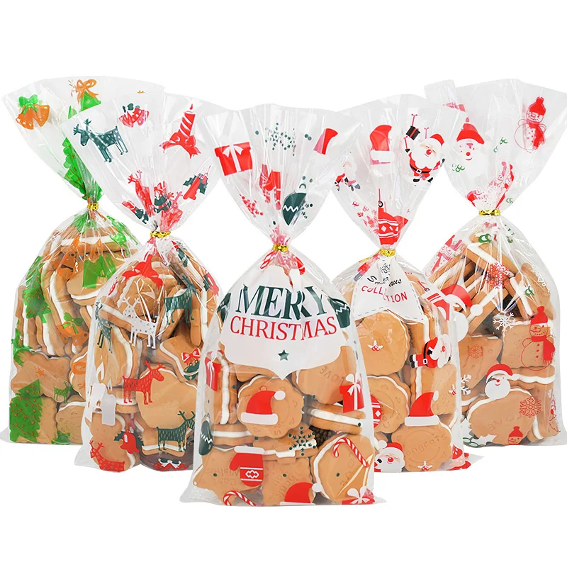 

50pcs Santa Claus Christmas Tree Elk PVC Bags Transparent Clear Gift Bag for Christmas Gift Baking Candy Cookie Packaging Bags